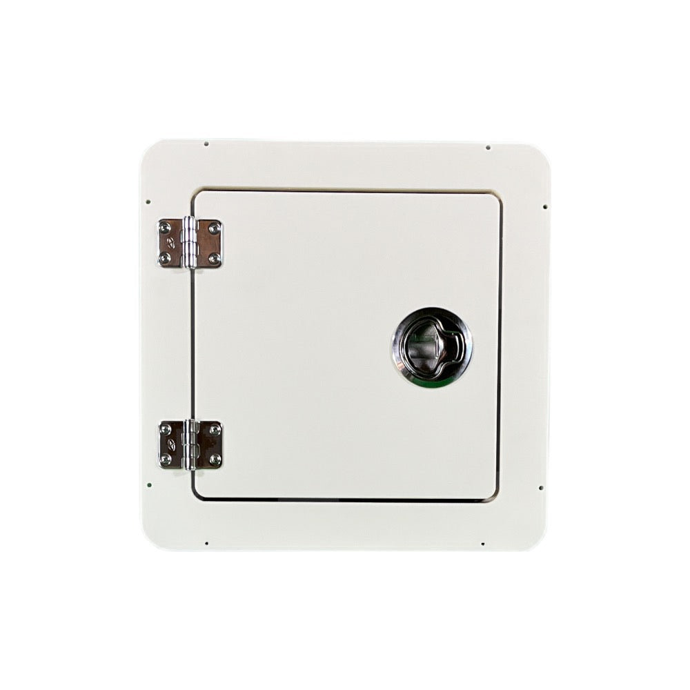 This MarineFab USA marine boat hatch is 14 x 14 inches. This boat hatch fits in an 11 x 11-inch hole cutout. Boat hatches come fully assembled and ready to go with stainless steel latch and hinges.