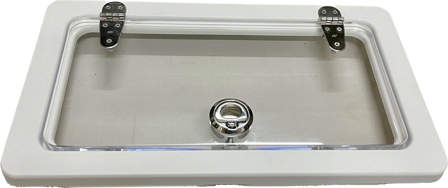 This MarineFab USA replacement livewell / baitwell hatch with a clear acrylic lid comes with a stainless steel latch, hinges, and hardware. Option for white door and thickness available. Contact us for custom sizes.