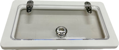 This MarineFab USA replacement livewell / baitwell hatch with a clear acrylic lid comes with a stainless steel latch, hinges, and hardware. Option for white door and thickness available.  Contact us for custom sizes.