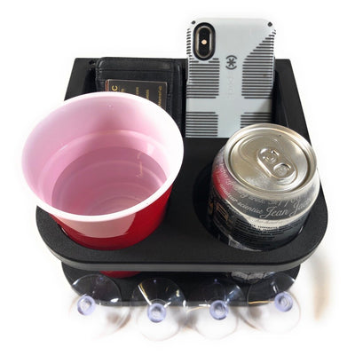 Double Cup Holder with a Helm Organizer with a cup, phone, and can. 